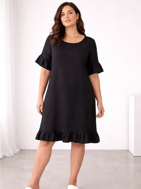 J.Jill Minimalist Black Linen Mixed Media Ruffle Midi Dress Size S